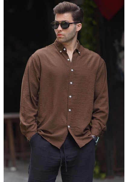 Camel Uzun Kollu Oversize Erkek Gömlek 6735