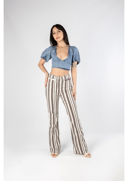 Flare Önden Cepli Çift Renk Denim Pantolon