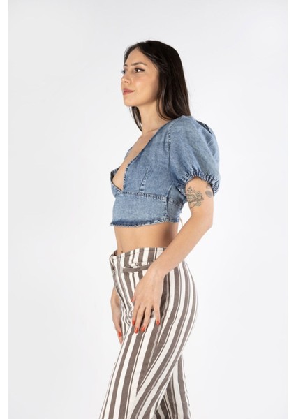 Flare Önden Cepli Çift Renk Denim Pantolon