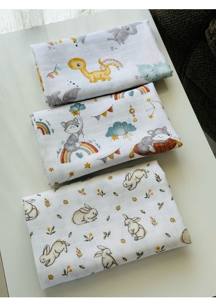 Pamuk Müslin Bebek Battaniyesi 3'Lü Set Müslın Örtü 80 x 90 Cm