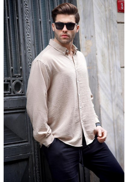 Camel Uzun Kollu Oversize Erkek Gömlek 6735