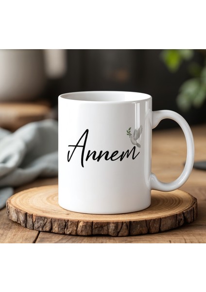 Annem Yazı Tasarımlı Beyaz Seramik Baskılı Kupa Bardak 330 ml