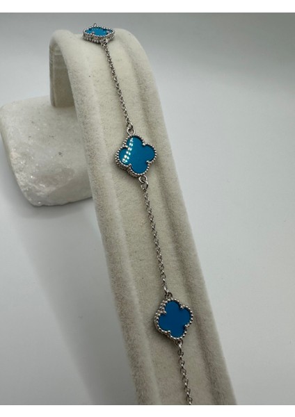 Mavi Taşlı Üçlü Yonca Model Gümüş Bileklik