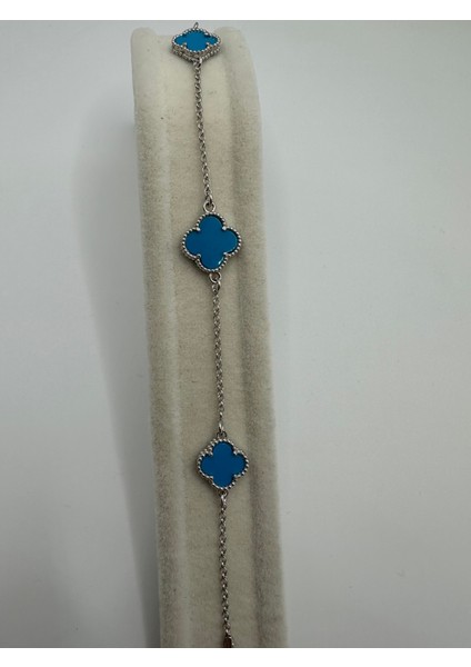 Mavi Taşlı Üçlü Yonca Model Gümüş Bileklik fiyatları