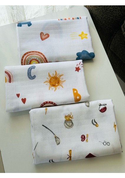 Pamuk Müslin Bebek Battaniyesi 3'Lü Set Müslın Örtü 80 x 90 Cm