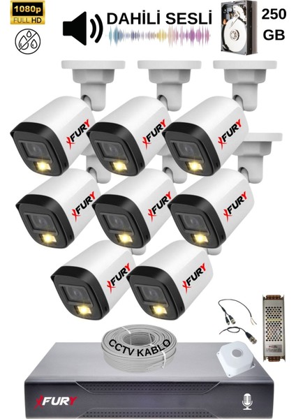 8 Kamera Sesli Gece Renkli Güvenlik Kamerası Full Hd-Su Geçirmez Güvenlik Kamerası Seti 250GB