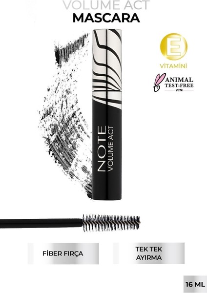 Note Siyah Maskara Büyük Boy – Hacim, Kıvırma ve Uzatma Etkili, Paraben ve Parfüm İçermeyen Formül