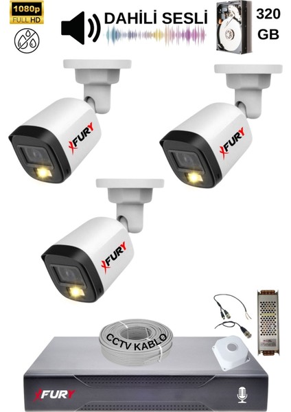 3 Kamera Sesli Gece Renkli Güvenlik Kamerası Full Hd-Su Geçirmez Güvenlik Kamerası Seti 320GB