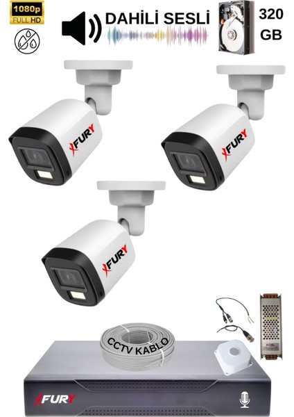 3 Kamera Sesli Gece Renkli Güvenlik Kamerası Full Hd-Su Geçirmez Güvenlik Kamerası Seti 320GB