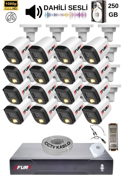 16 Kamera Sesli Gece Renkli Güvenlik Kamerası Full Hd-Su Geçirmez Güvenlik Kamerası Seti 250GB fiyatları