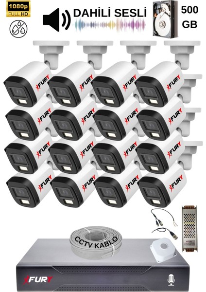 16 Kamera Sesli Gece Renkli Güvenlik Kamerası Full Hd-Su Geçirmez Güvenlik Kamerası Seti 500GB fiyatları