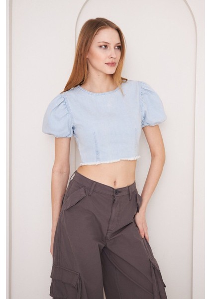 Kısa Kollu Fermuarlı Denim Crop modelleri