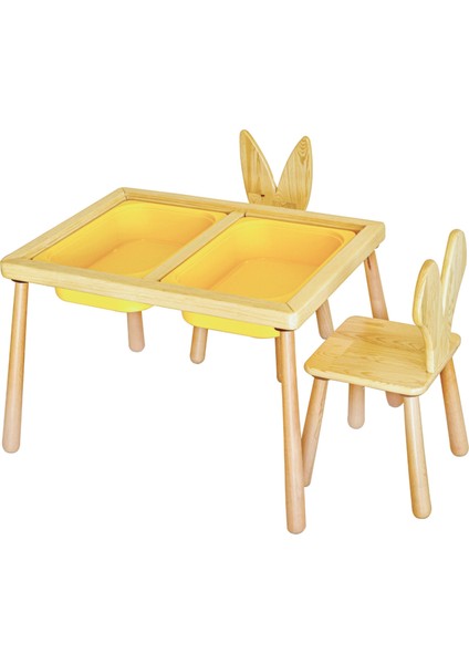 Woodnjoy Doğal Ahşap Duyusal Çocuk Aktivite Masası Oyun Masası ve Çocuk Çalışma Masası 1 Sandalye Seti(Rulo Aparalı ve Kırtasiye İstasyonlu)