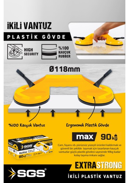 SGS945 90 kg Çiftli Vantuz Cam Granit Seramik Laminat Ahşap Ayna Taşıma Vantuzu