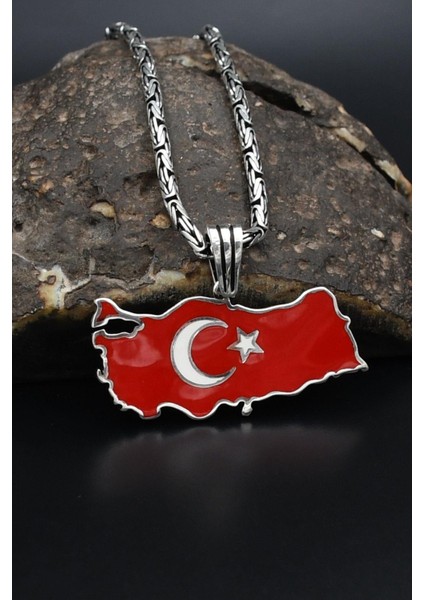 Türk Bayrağı ( Ay Yıldızlı ) Mineli 925 Ayar Gümüş Kolye Kral Zincir 2mm 901580