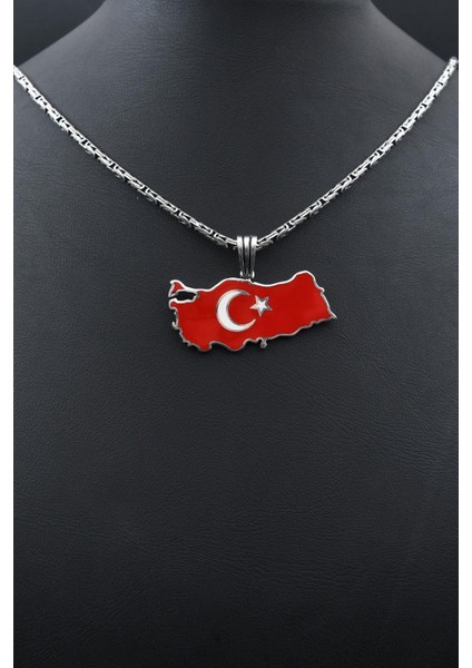 Türk Bayrağı ( Ay Yıldızlı ) Mineli 925 Ayar Gümüş Kolye Kral Zincir 2mm 901580 fırsatları