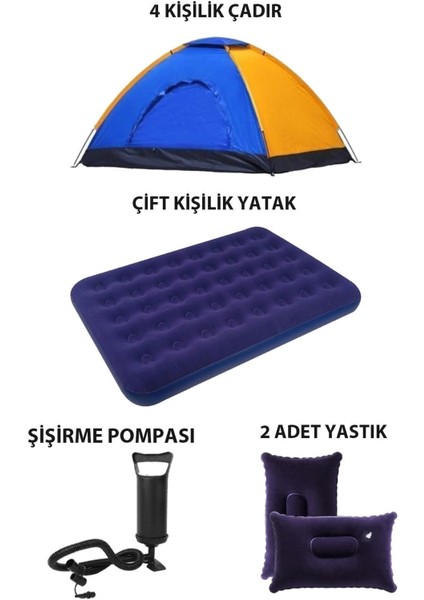 4 Kişilik Kamp Çadırı, Çift Kişilik Şişme Yatak ve 2 Yastıklı Taşınabilir Kamp Seti – Outdoor Tatil İçin fırsatları