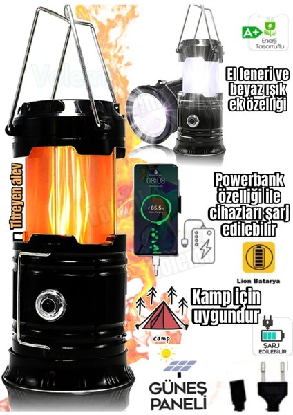 Alevli Powerbank Özellikli Kamp Lambası Güneş Enerjili Kamp Çadır Feneri LED Şarjlı El Feneri