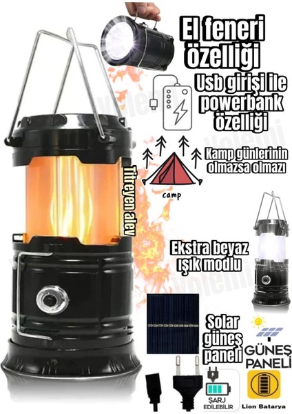 Alevli Powerbank Özellikli Kamp Lambası Güneş Enerjili Kamp Çadır Feneri LED Şarjlı El Feneri modelleri