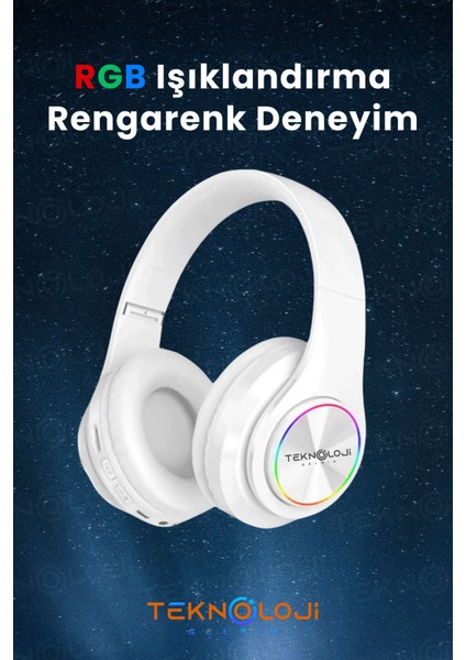 Teknoloji Gelişim Bluetooth 5.0 Kulaküstü Mikrofonlu LED Işıklı Katlanabilir AUX ve SD Kart Girişli