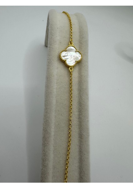 Sedef Taşlı Sarı Renk Yonca Model Gümüş Bilekik