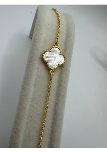 Sedef Taşlı Sarı Renk Yonca Model Gümüş Bilekik fiyatları