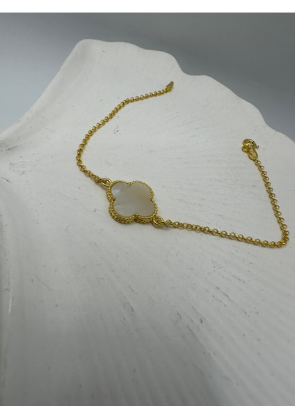 Sedef Taşlı Sarı Renk Yonca Model Gümüş Bilekik modelleri