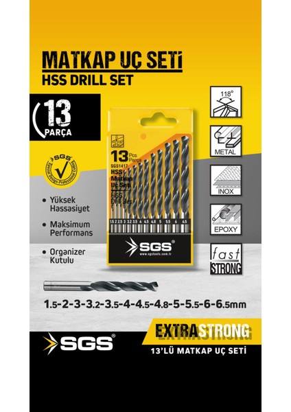 SGS1417 Profesyonel 13 Parça Hss Metal Matkap Ucu Seti