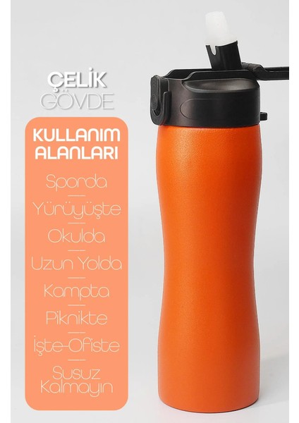 Pipetli Paslanmaz Çelik Matara - 304 Çelik Spor Suluk Bpa Içermez Taşınabilir Tasarım - Turuncu Renk