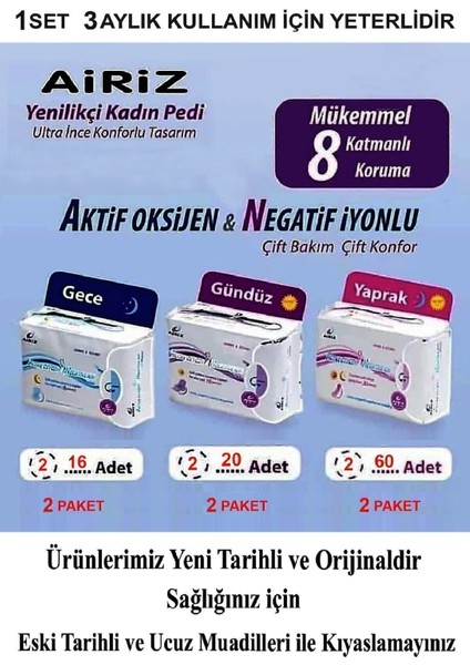 Tiens Airiz 6lı Set 96ADET 3 Gündüz Hijyenik Ped 2 Günlük Hijyenik Ped 1 Gece Hijyenik Ped