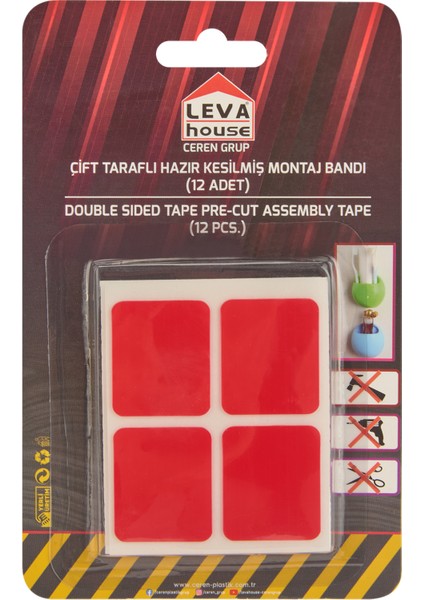 12'li Çift Taraflı Hazır Kesilmiş Montaj Bandı - Kırmızı - 4 cm