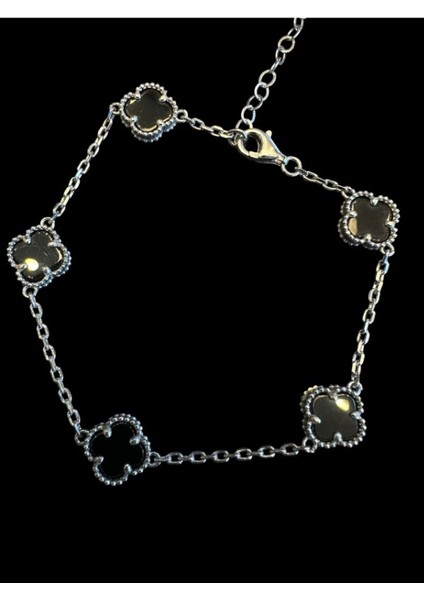 Oniks Taşlı Beşli Yonca Gümüş Bileklik