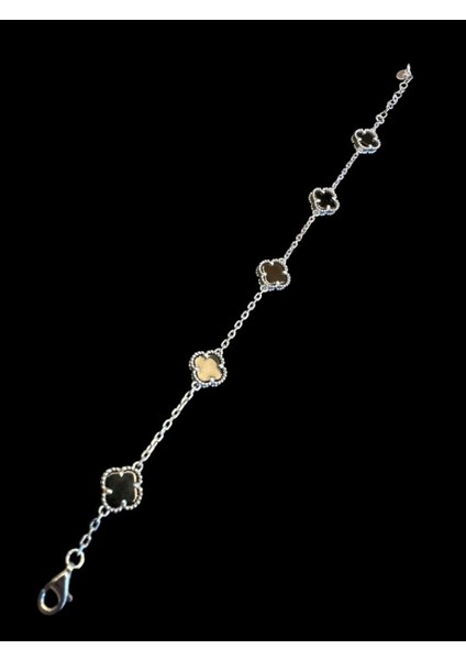 Oniks Taşlı Beşli Yonca Gümüş Bileklik fiyatları