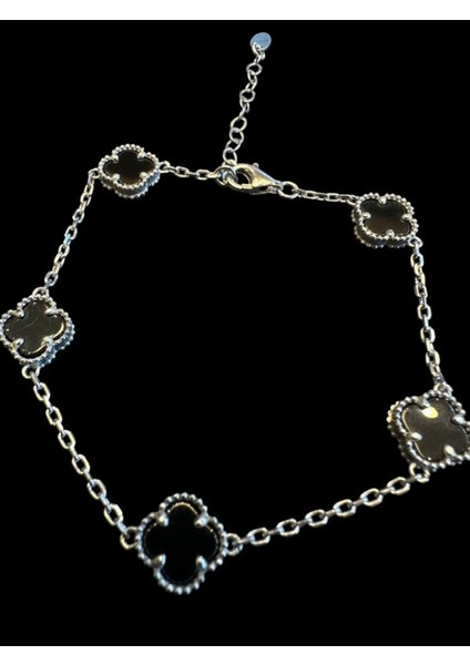 Oniks Taşlı Beşli Yonca Gümüş Bileklik modelleri