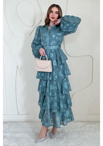 Volanlı Şeritli Kat Kat Elbise