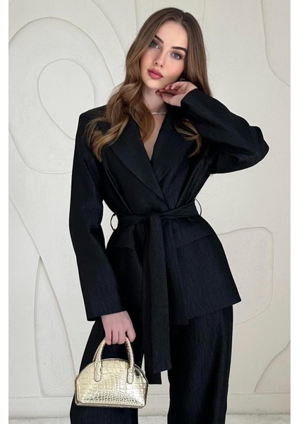 Beli Kuşaklı Ceket ve Pantolon Parlak Takım