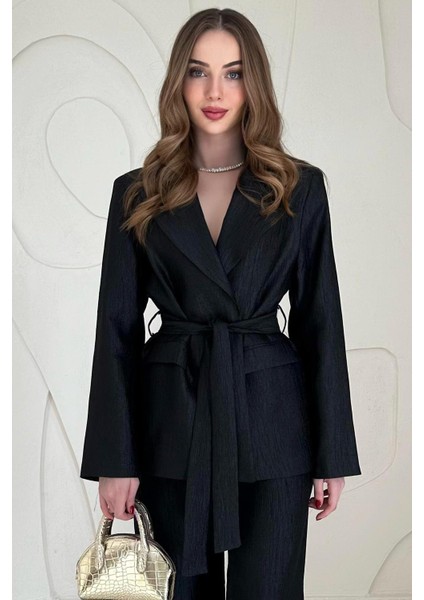 Beli Kuşaklı Ceket ve Pantolon Parlak Takım modelleri