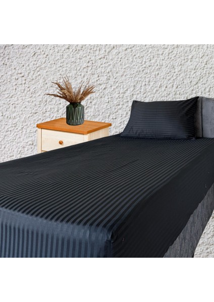 Çizgili Saten Premium Tek Kişilik Çarşaf Seti (%100 Pamuk); Lastikli Çarşaf + Yastık Kılıfı