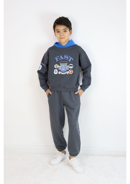 Erkek Çocuk 2'li Takım Oversize Kapşonlu Sweatshirt-Beli Lastikli Alt Eşofman Takımı