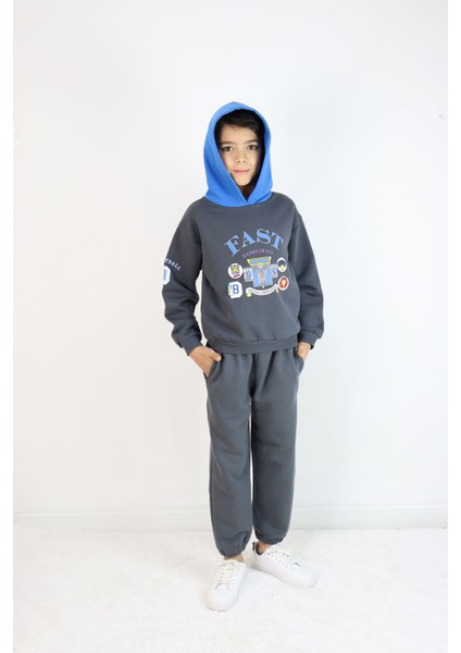 Erkek Çocuk 2'li Takım Oversize Kapşonlu Sweatshirt-Beli Lastikli Alt Eşofman Takımı