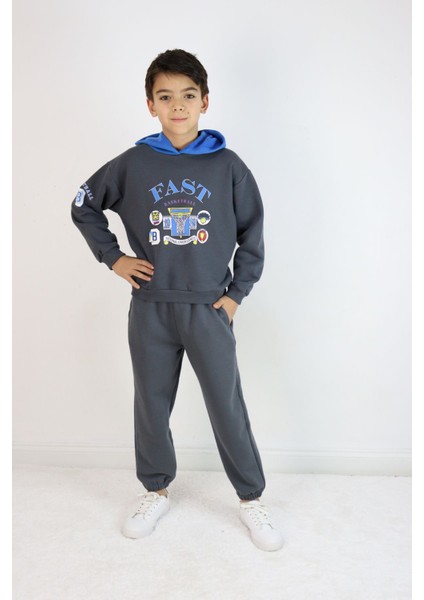 Erkek Çocuk 2'li Takım Oversize Kapşonlu Sweatshirt-Beli Lastikli Alt Eşofman Takımı