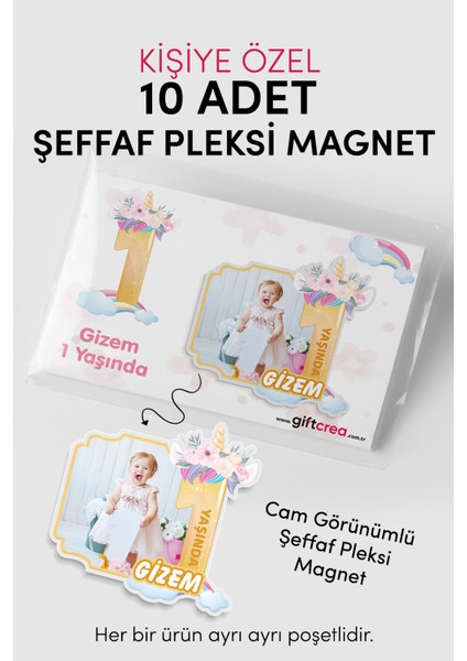 Kişiye Özel Şeffaf Pleksi Magnet – Unicorn Temalı Doğum Günü Hatırası Magnet (Her Yaşa Özel)