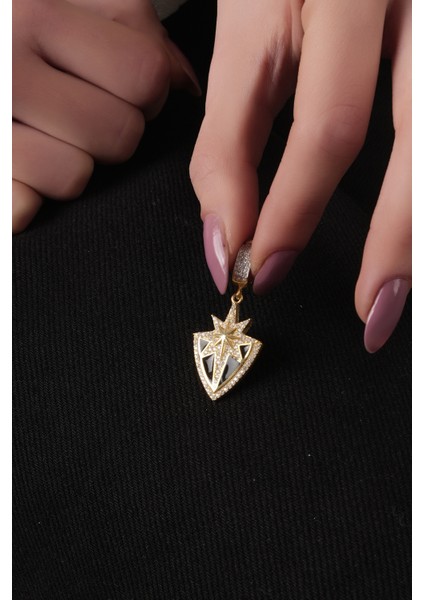 925 Ayar Gümüş, Gold Kaplamalı Zirkon Taşlı ve Mineli Kutup Yıldızı Charm, Kolye Ucu