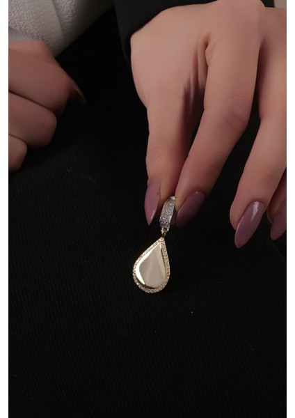 925 Ayar Gümüş, Gold ve Rodyum Kaplamalı Zirkon Taşlı Damla Tasarım Charm Kolye Ucu,