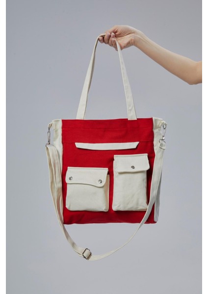 Kanvas Ön Cepleri Çıtlı Çanta (Kırmızı-Ekru)