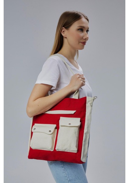 Kanvas Ön Cepleri Çıtlı Çanta (Kırmızı-Ekru) fiyatları