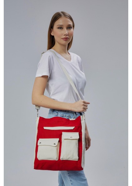 Kanvas Ön Cepleri Çıtlı Çanta (Kırmızı-Ekru) modelleri