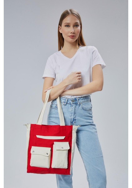 Kanvas Ön Cepleri Çıtlı Çanta (Kırmızı-Ekru) indirimleri