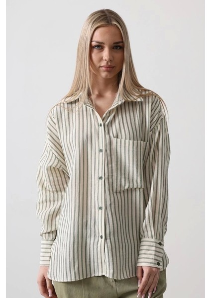 Tek Cep Çizgili Gömlek - Haki