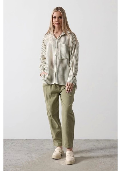 Tek Cep Çizgili Gömlek - Haki fiyatları